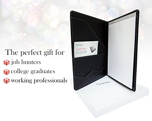 STYLIO Padfolio w/Premium Pen - Resume Portfolio Folder - Interview/Legal Document Organizer & Business Card Holder - with Letter-Sized Writing Pad - Handsome Piano Noir Faux Leather Matte Finish