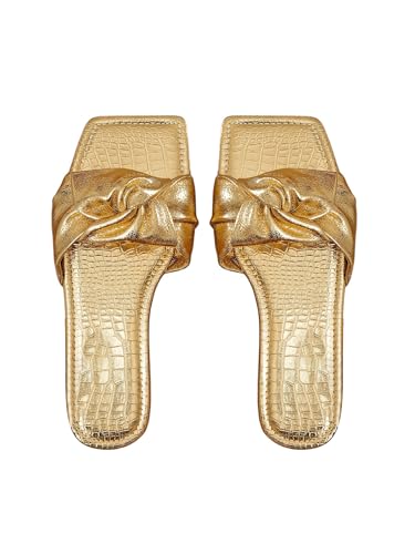OYOANGLE Women's Metallic Sparkly Ruched Square Open Toe Side Sandals Ruched Single Band Flat Sandal Gold 6.5 at Amazon