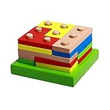 Wooden Educational Preschool Shape Early Developmental Geometric Board Block Stack Sort Chunky Puzzle Toys, Birthday Gift Toy for age 3 4 5 Years Old and Up Kid Children Baby Toddler Boy Girl