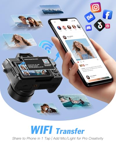 8K Digital Cameras for Photography, 64MP Vlogging Camera with 180°Flip Screen，2 Batteries, 32GB TF Card，16X Zoom, WiFi, 3 Color Filters,Microphone, Tripod, Wide & Macro Lens Kit (Black)