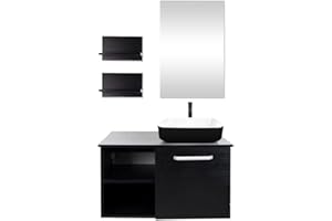 Puluomis 28 Inch Bathroom Vanity, Modern Lavatory Wall Mounted Wood Cabinet, with Mirror, Wood Black Fixture, Black Ceramic Porcelain Sink Top with Single Faucet Hole
