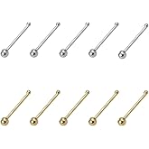 Niaspi 10Pcs 24G Stainless Steel Nose Studs Rings for Women Hypoallergenic Nose Piercings Jewelry Straight Bone Nose Rings 5 Gold 5 Silver