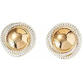 DIAMANTIO 18K Gold Plated Vintage Gold Dome Stud Earrings for Women – Classic Round Textured Silver Border Statement Earrings, Retro Elegant Jewelry for Daily & Formal Wear