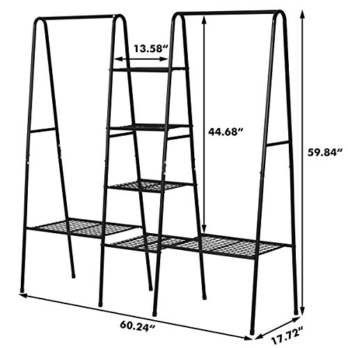 HOMERECOMMEND Metal Clothes Rack Heavy Duty Clothing Racks Free Standing Garment Rack with 2 Top Rods and 6 Wire Shelves for Coat Hanging(Black Color)