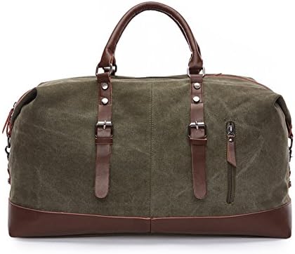 Canvas Duffel Bag Oversized Luggage Tote Bag Leather Trim Handbag Large Capcity Caryy On Overnight Weekend Travel Bag (Army Green)