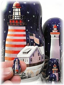 Golden Cockerel Made in Russia Lighthouses in The Night Nesting Doll 7pc/ 8” aka North American Lighthouses Collectible Babushka Russian Doll 100% Guaranteed!