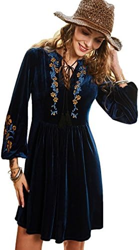Bohoartist Autumn Royal Blue Long Sleeve Embroidery Lace up V Neck High Waisted Velvet Mini Dress
