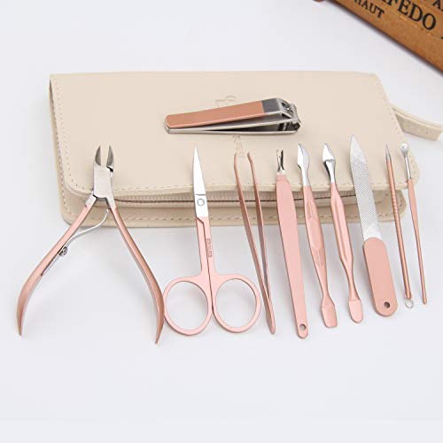Manicure Pedicure Set Nail Clippers Travel Hygiene Kit Stainless Steel Nail Cutter Care Set Scissor Tweezer Knife Ear Pick Utility Tools Grooming Kits with Leather Case 10 in 1 (Beige White)