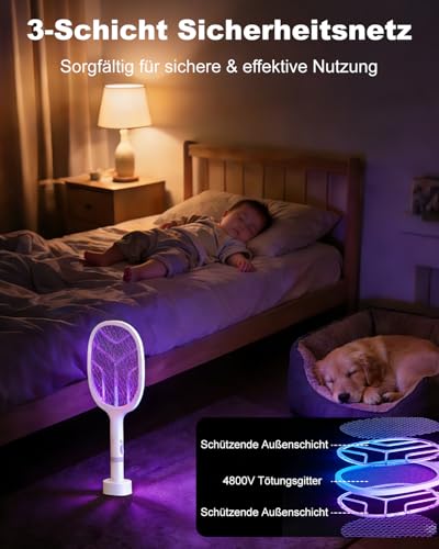 Electric Insect Racket 4800V, 2 in 1 Electric Mosquito Racket with UV Light, Rechargeable USB-C 2000mAh, Electric Fly Swatter for Home, Bedroom, Camping