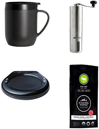Travel Coffee Maker Bundle with French Press Coffee Mug with Handle, Kicking Horse Coffee Beans, Manual Hand Bean Grinder Burr and Mug Warmer for Desk with Lid