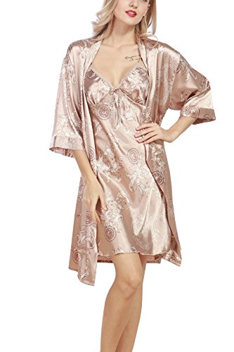 4Ping Women Sexy Robe Night Gown Silk Two-Piece Suit Sleepwear Beige M