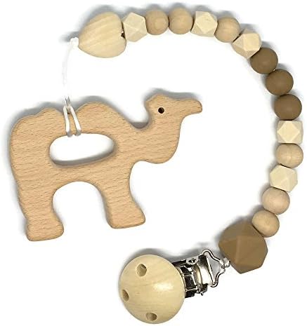 Wooden Teething Toy and Pacifier Clips (Camel)