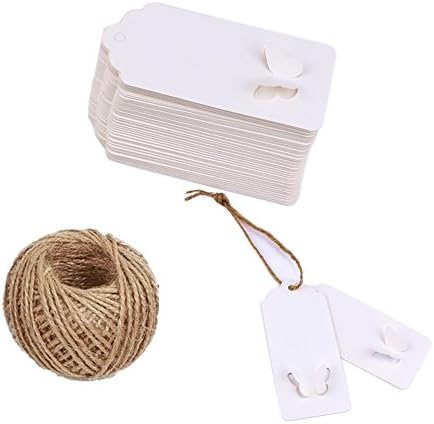 Newoo 100 Pieces Kraft Paper Gift Tags Hollow Butterfly Design with 100 Feet Jute Twines for Wedding Blessing Cards Greeting Card (White)
