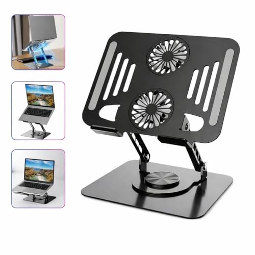Suporte para Notebook de até 17” em Aço Carbono, Ajustável, Dobrável, Base Giratória 360° e Ventilação 2 coolers, Ergonômico e Portátil para Home Office e escritório, também para tablets e celulares