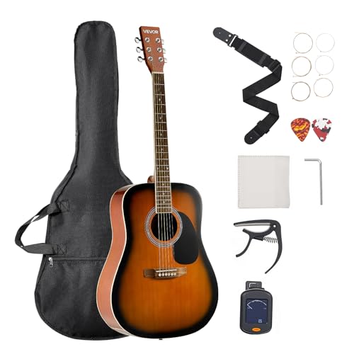 VEVOR 41 6 String Round Acoustic Guitar with Sunshine Solid Top Case, Tuner, Strap, Strings, Picks, Capo and Rosewood Fingerboard for Adult Musicians