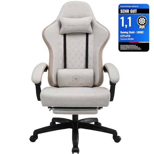 GTPLAYER Gaming Stuhl Ergonomischer Gaming Sessel Schreibtischstuhl mit Stoffoberfläche, Federsitzkissen, Verbindungsarmlehnen und Fußstütze 150KG, Be