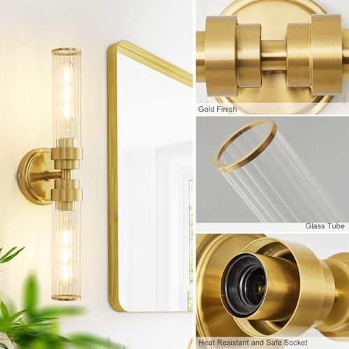 Vaziden - Lámpara de pared dorada para baño, 2 unidades, lámpara de cambiador de vidrio roscada, iluminación moderna para baño, sala de estar, pasillo, recámara