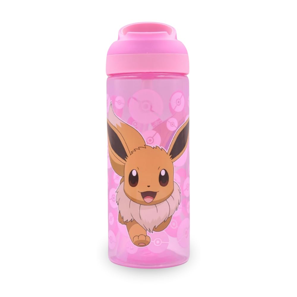 HOX POKEMON EEVEE Reusable BPA free Kids Atlantic Water Hydration Bottle with built in Carry Loop, Flip Up Spout and removeable straw - 600ml, Pink