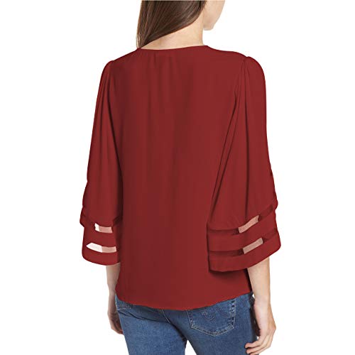 Shy Velvet Women's V Neck 3/4 Bell Sleeve Chiffon Blouse Mesh Panel Loose Top Shirts Wine - Thumbnail 2
