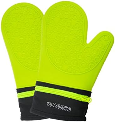Detachable Silicone Oven Mitt - Oven Mitts with Quilted Cotton Lining - 1 Pair of Professional Heat Resistant Potholder Gloves - Washable - Green