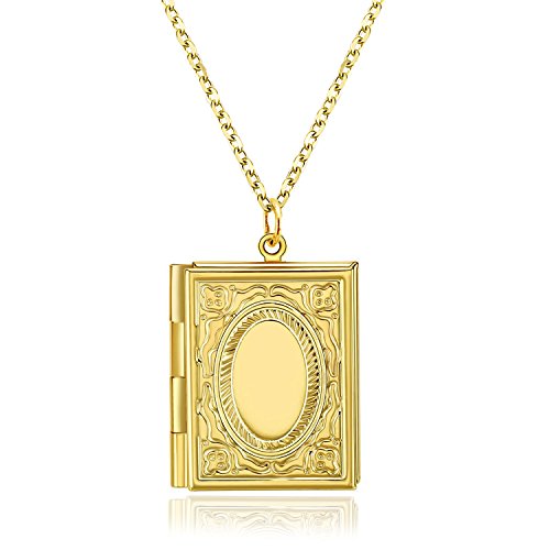 YOUFENG Story Book Shaped Locket Necklace Pendant Memories Photo Locket Charms Living Memory Locket Gold Plated (Gold Locket)