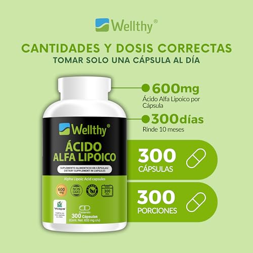 Wellthy Ácido Alfa Lipoico 600mg en 300 Cápsulas. 10 Meses de Consumo, NON GMO, Vegan Friendly, VCaps Tecnología Cápsulas Veganas.