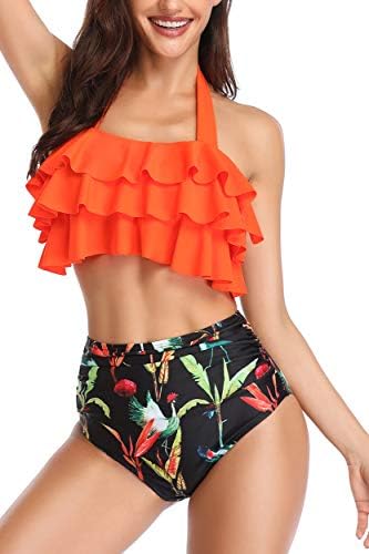 Women Retro Flounce High Waisted Bikini Halter Neck Two Piece Swimsuit