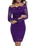 ACEVOG Women's Off Shoulder Lace Dress Long Sleeve Bodycon Casual Dresses (Small, Purple)
