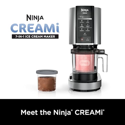 Ninja NC301 CREAMi máquina para hacer helados, para helados, mezclas, batidos, sorbetes, tazones para batidos y más, 7 programas de un solo toque, con (2) recipientes de pinta y tapas, tamaño compacto, perfecto para niños, plateado