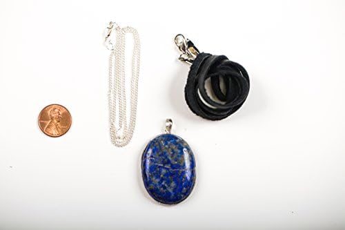Lapis Lazuli Oval Pendant with 1 Silvery Chain and 1 Black Silk Cord Necklace Chain from the Goddess Menagerie