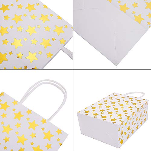 XNX 24 Pack Paper Gift Bags Party Favor Bags Recyclable Goodie Bags for Birthdays, Weddings, Baby Showers,Shopping.Gold Foil Stars Design, White(15 * 21 * 8cm) (Gold Foil Star) - Thumbnail 2