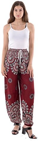 OaSa Harem Pants Drawstring - Comfortable Fit One Size colorful Elastic Waist and Ankles Hippie Mandala Yoga Boho Active Elephant Pants (Red Arabian)