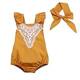 Baby Girls Lovely Ruffle Lace Collar Bodysuit with Headband (6M, Yellow)