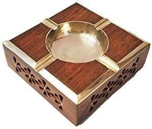 WoodGraphs Wooden Handcrafted Ashtray with Brass Bowl (Multicolor, 4x4x2.25 Inches)