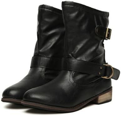 Ladies Autumn Winter Fashion Knight Belt Buckle Women Short Boots Cool (Black PU leather, US 6 / EU36)