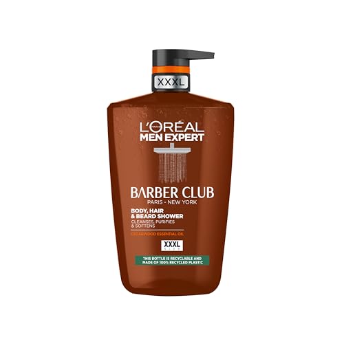 L'Oréal Men Expert gel de ducha Barber Club formulado con aceite de madera de cedro para proporcionar una limpieza, nutrición e hidratación de barba, piel y pelo