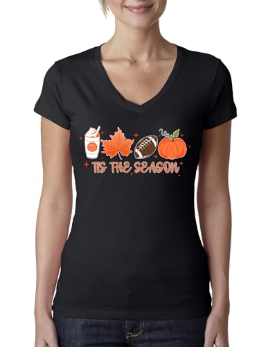 Tis' The Season Pumpkin Spice Leaves Football Pumpkins Stars Halloween Womens Junior Fit V-Neck Tee, Black, Small at Amazon