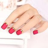 24PCS Matte with Metallic French Acrylic False Fake Full Nail Tip Art Rose Red&Gold