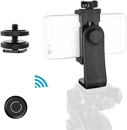 Vikdio Cell Phone Tripod Mount Adapter with 1/4" Tripod Screw to Hot Shoe Adapter & Bluetooth Remote, Adjustable Clamp Holder Rotates Vertical and Horizontal, Fit iPhone Samsung all Phones