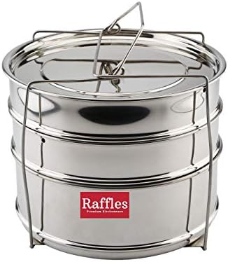 Raffles Premium SS Cooker Separator H6.5 Suitable for 5.5 litres Prestige Deluxe Alpha Stainless Steel Outer Lid Pressure Cookers (2 Containers with Lifter, Stainless Steel) (RAF1303)