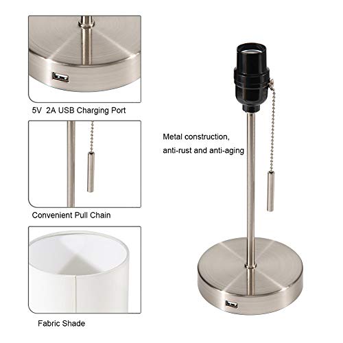 DEEPLITE USB Table Lamp Bedside Nightstand Lamp with USB Port, Modern Desk Lamp Ambient Light for Bedroom, Living Room, Office, Silver Metal Base, Cylinder Lampshade(Set of 2)