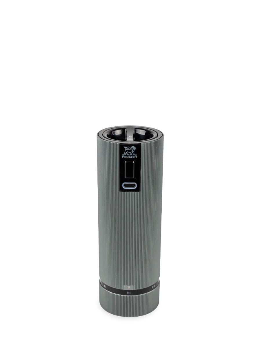 PEUGEOT - Rechargeable Electric Pepper Mill, Line u'Select 15 cm + Peppercorns Included - 6 Pre-Set Grind Settings - Aluminum - Carbon Finish