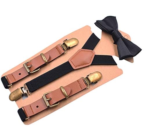 MENDENG Toddler Kids Black Suspenders Bow Tie Set PU Leather