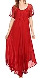 Sakkas 16602 - Shasta Lace Embroidered Cap Sleeves Long Caftan Dress/Cover up - Red - OS