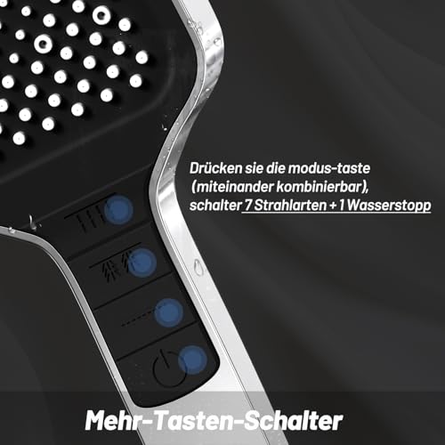 VEHHE Duschkopf Wassersparend, 7 Strahlarten Duschkopf Regendusche mit Stopptaste, Einhand-Einstellung und Anti-Stau-Silikondüse, Gross Duschbrause Druckerhöhend（Silber） thumbnail 3