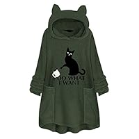 Libermall Fleece Jacket Women Pullover Hoodie Fleece Hooded Sweatshirt Cat Ear Pocket Solid Warm Oversized Outwear Green