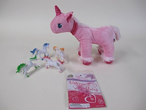 TwiceBooked Pink Unicorn Dream Bundle - One Pink Plush 8 Unicorn Doll, One Plastic Pink Unicorn Necklace and Four 4 Plastic Unicorn Play Figures