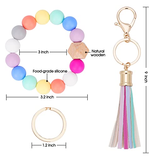 tietoc Silicone Keychain Bracelet for Women Beaded Wristlet Keychain holder House Car Key Rings Holder with Tassel (Colorful)