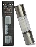 Salt and Pepper Grinder Set by ZENPRO - 2 in 1 Stainless Steel, Adjustable Grinder, Secure Lids