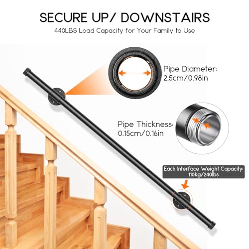 Couleeur Indoor and Outdoor Stair Railings, Wall Mount Stairs Railing for Elderly Disabled Stairs Steps Handrail Galvanized Industrial Non-Slip Handrail (2M)